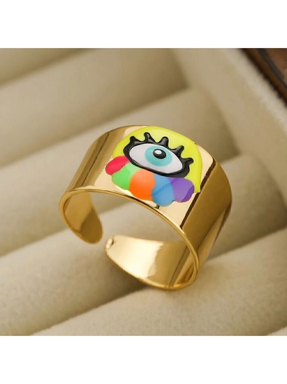 Boho Evil Eye Enamel and Copper Adjustable Ring #1300 NEON GREEN - Picture 13 of 14
